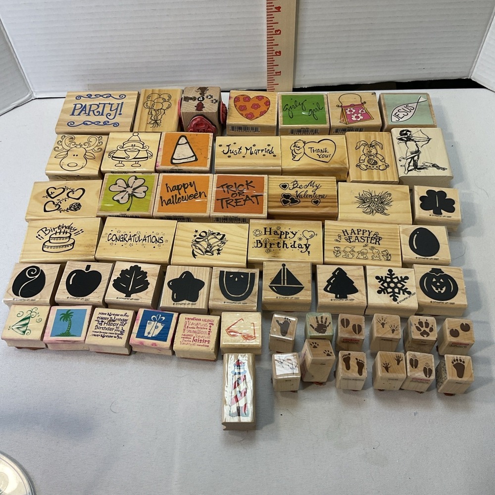 Lot Of 55 Rubber Stamp Wood Base Random Holidays, Words, Party, Animal Tracks